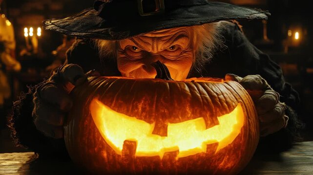 Halloween witch with illuminated pumpkin: A ghoulish witch leans in menacingly over a carved pumpkin with a flickering light, casting an eerie glow on the spooky scene.