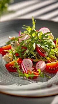 Gesunder Rucolasalat mit Avocado, Radieschen, Paprika, Tomate und Roquefort