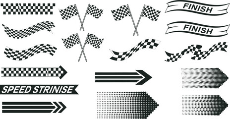 Vector collection of racing design elements featuring checkered flags, finish banners, speed stripes, and directional arrows