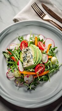 Gesunder Rucolasalat mit Avocado, Radieschen, Paprika, Tomate und Roquefort