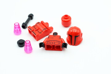 Fototapeta premium Star wars Lego. Red sith guard defender. Assemble pieces.