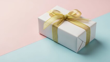 Fototapeta premium Elegant Wrapped Gift Box with Gold Ribbon on Colorful Pastel Background