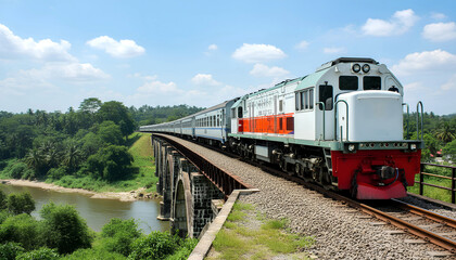 Indonesian Train Kereta Api Indonesia Passenger Train Crossing a Scenic Railway Bridge Over a River