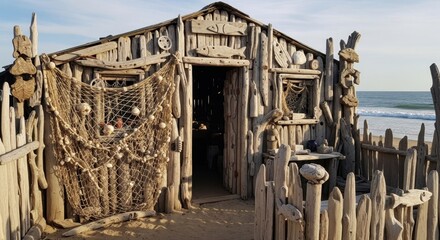 Beachcomber shack with driftwood and fishing net art