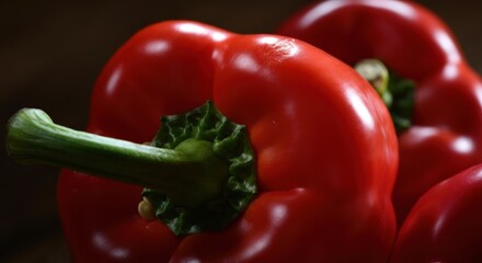 Red bell peppers closeup with glossy stems and rich color on dark background