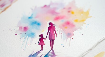 Obraz premium Woman and child walking hand in hand across pastel watercolor splashes