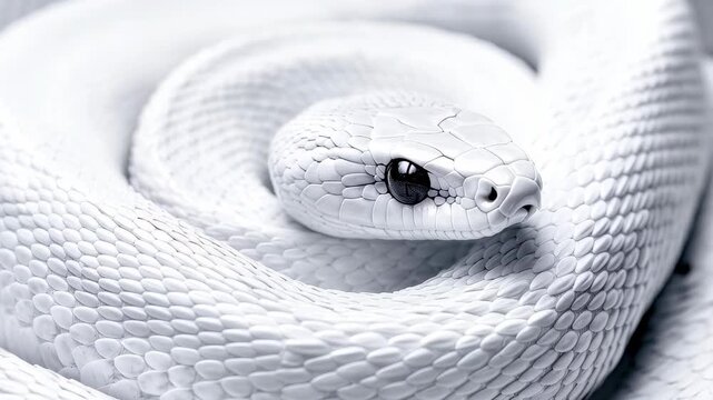 Albino Snake in Coils: A striking albino snake, its scales gleaming with a subtle luminescence, curls into graceful coils. A close-up view reveals its captivating eyes and textured skin. 