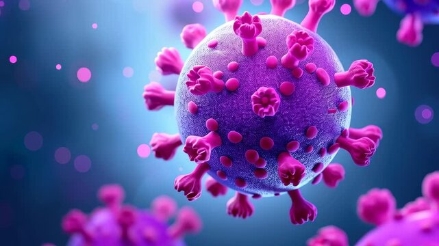 Microscopic Invader: Detailed rendering of a viral cell, showcasing its complex structure and potential threat. Evoking a sense of scientific investigation and global health awareness.