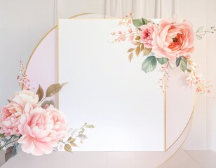 Elegant Floral Wedding Background with Golden Frame and Delicate Pink Roses, Perfect for Invitations, Greeting Cards, and Event Announcements