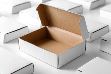 Open cardboard box surrounded by closed boxes on a clean white surface, ideal for packaging use