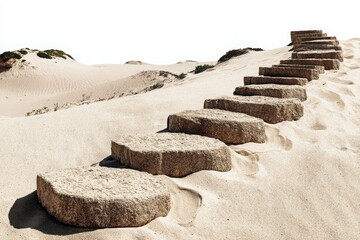 Path of stone steps leading through sandy dunes under a clear sky, inviting exploration