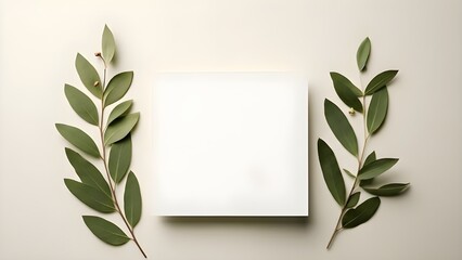 Elegant white card with green leaves on beige background for mockup or design