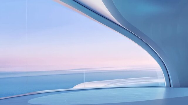 Architectural Elegance with Sky: A sleek, modern architectural interior showcases a breathtaking panorama of the sky, with soft light and fluid lines emphasizing a sense of openness and serenity.