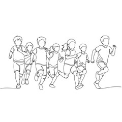 Naklejka premium Continuous line art of diverse children running together, showcasing energy, movement, and teamwork