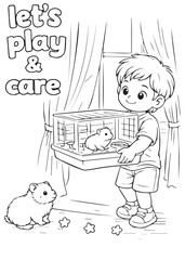 Coloring book Boy moving hamster cage near the window