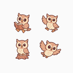 Obraz premium Cute Kawaii Owl Illustration Set – Adorable Cartoon Owl Characters in Soft Pastel Style for Kids Designs, Stickers, Prints, and Digital Projects
