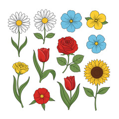 Vibrant Cartoon Flower Collection Vector Set. Daisies, Roses, Tulips & Sunflowers. Isolated Floral Design Elements