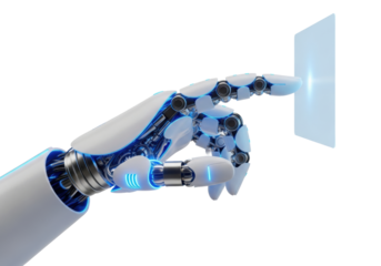 hyper-detailed matte white robotic hand with chrome joints and blue led light, index finger hovering over a translucent holographic screen on a transparent background, concept of sophisticated