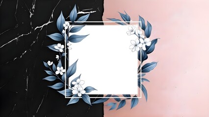 Elegant floral frame on marble and pink background for design