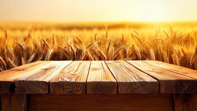Golden Hour Harvest: A rustic wooden table stands in the foreground, with fields of golden wheat, bathed in the warmth of the sun, creating an inviting space for your concepts. 