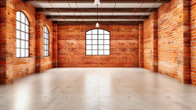 Interior Space in Brickwork: A spacious and airy industrial interior featuring exposed brickwork, large windows, and an inviting ambiance, ideal for various purposes.