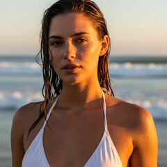 This captivating close-up celebrates natural summer radiance and beauty, ideal for skincare, beauty campaigns, or elegant swimwear portraits.