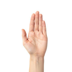 Obraz premium isolated macro close-up of a young caucasian woman's open, flawless palm against a seamless transparent studio background with copy space, concept of giving and support