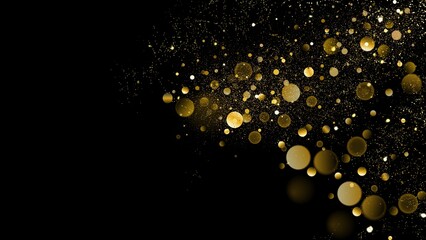 Gold glitter star particles form a shimmering bright on a dark isolated background for overlays
