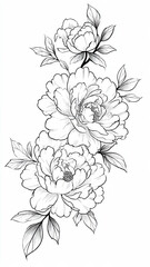Japanese Floral Tattoo Line Art &ndash; Black and White Peony Flower Illustration