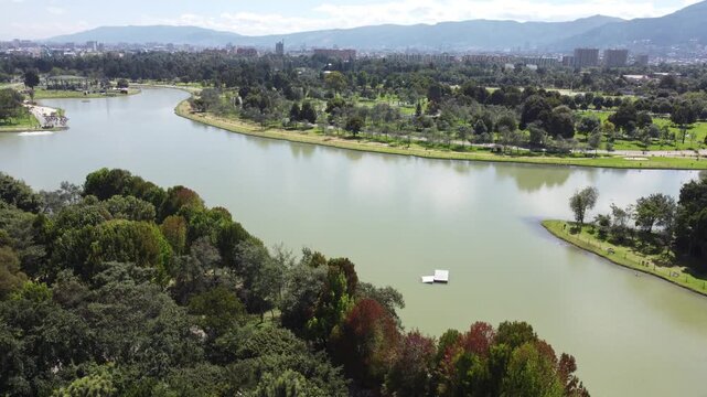erial view Simon Bolivar natural park lake green area forest zone sunny day Bogota Colombia