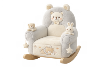 Plush baby rocking armchair with bear and rabbit characters for nursery decor and child comfort, transparent background