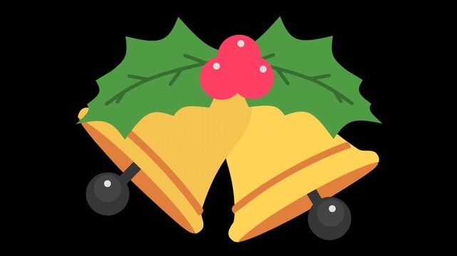 Flat design illustration of two golden Christmas bells decorated with green holly leaves and red berries, representing holiday celebration, tradition, and seasonal decoration.