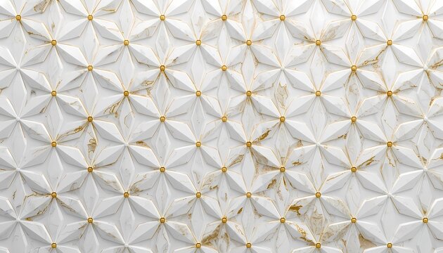 Luxury 3D Islamic geometric pattern background, white marble texture with gold details, modern architectural wall art.