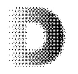 Abstract halftone typography forming the letter D using black and white dots. Modern dotted type design ideal for posters, branding, editorial layouts, typography art, and creative graphic projects.
