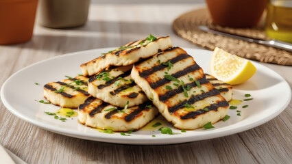 Delicious grilled halloumi cheese slices sprinkled with fresh parsley and a lemon wedge