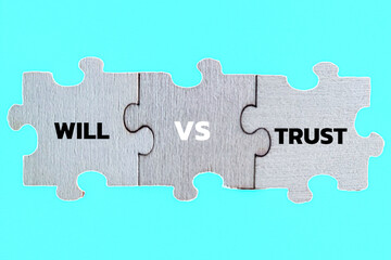 Conceptual Jigsaw Puzzle Comparison Between Last Will and Testament and Living Trust for Estate...