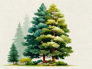 Minimal pine grove painted with graceful brush textures and soft gradients