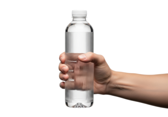 ultra-realistic close-up of a neutral adult hand firmly gripping a vertically ribbed clear pet water bottle against a shadowless white backdrop, concept for hydration and packaging integrity
