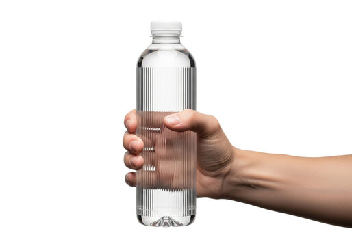 ultra-realistic close-up of a neutral adult hand firmly gripping a vertically ribbed clear pet water bottle against a shadowless white backdrop, concept for hydration and packaging integrity