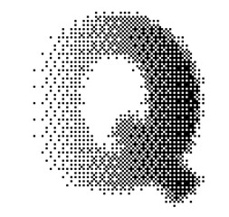 Abstract halftone typography forming the letter Q using black and white dots. Modern dotted type design ideal for posters, branding, editorial layouts, typography art, and creative graphic projects.