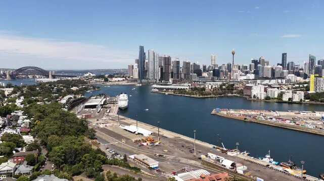 Balmain Inner West suburb by Sydney city CBD in aerial panning cityscape view of Australia.
