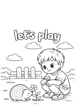 coloring book cute boy picking flowers with a hedgehog nearby