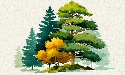 Gentle evergreen silhouettes painted in soft sage and moss washes