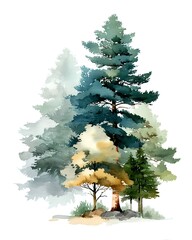 Gentle evergreen silhouettes painted in soft sage and moss washes