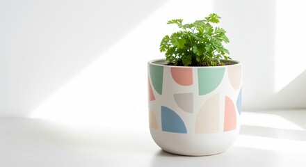 Minimalist indoor plant photo featuring fresh green parsley growing in a modern ceramic pot with pastel geometric patterns