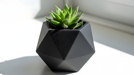 A succulent plant in a geometric black pot on a white surface near a window