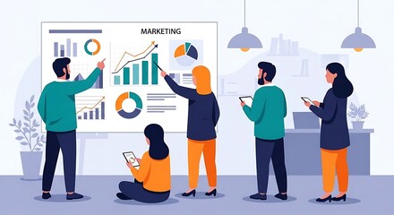 Diverse team collaborates on marketing strategy presentation with data charts.