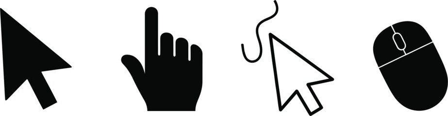 Obraz premium Computer Mouse Cursor and Hand Pointer Icon Set with Clicking Action Symbols for Website Interface Navigation User Experience and Digital Design