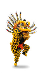 A vibrant yellow and black Chinese lion dance costume performing a traditional cultural dance.