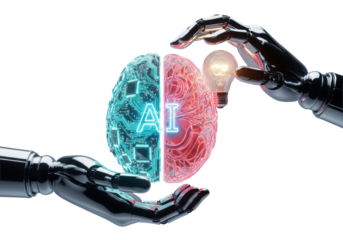 Sleek chrome robotic hands presenting a split hybrid brain (digital circuits/neural tissue) marked 'ai' and an intensely glowing lightbulb against a transparent background. Concept of technological